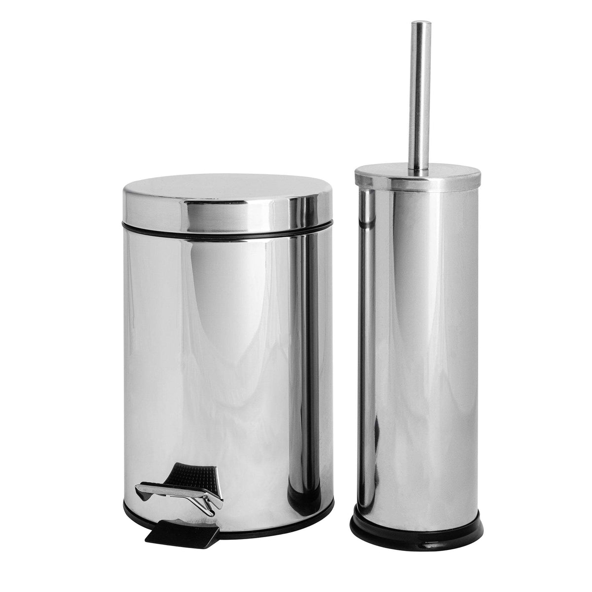 Chrome Round Stainless Steel Toilet Brush & Bin Set