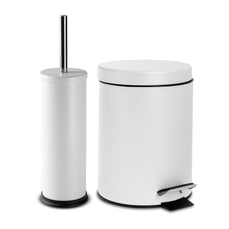 Matt White Round Stainless Steel Toilet Brush & Bin Set