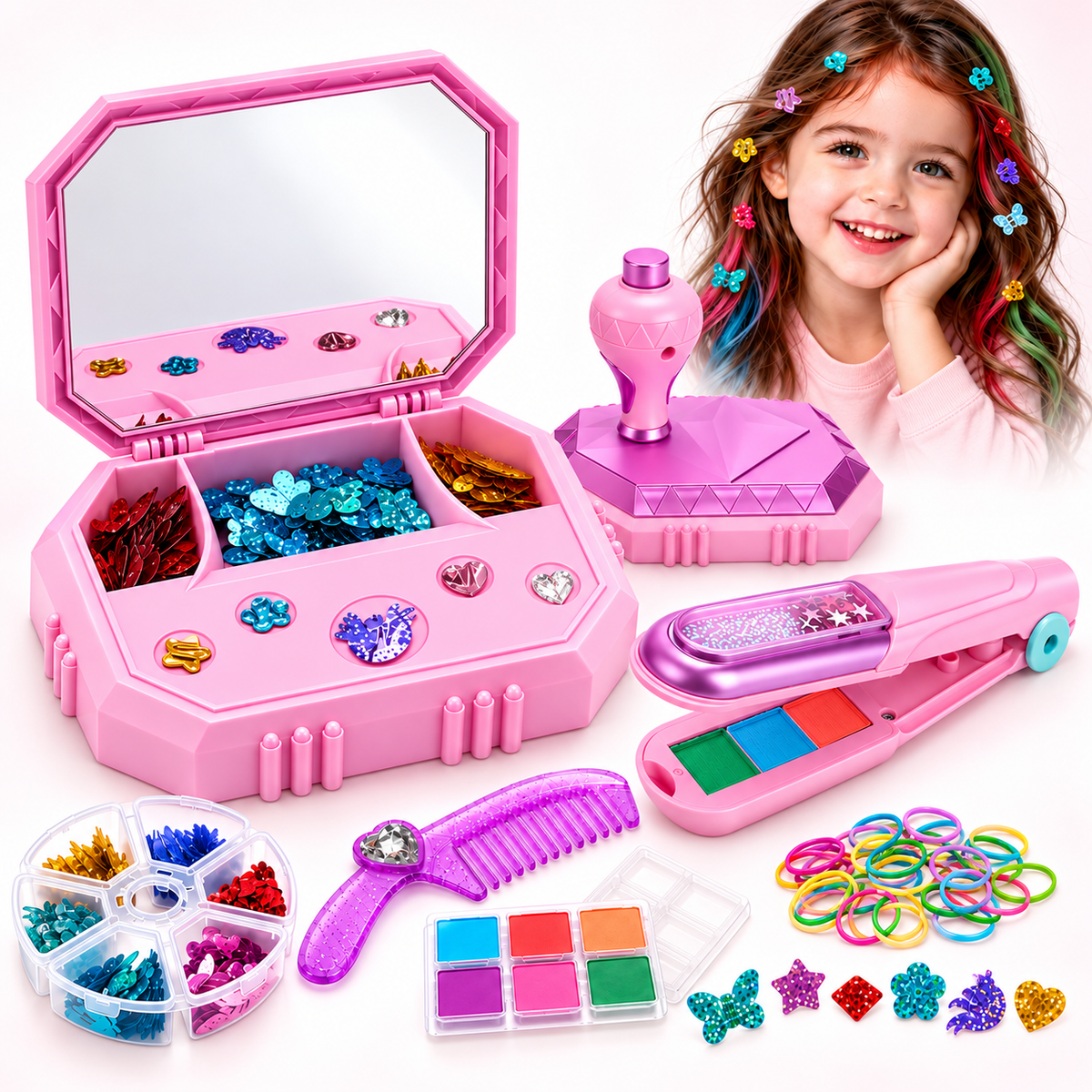Girls Hair Styling Kit with Hair Gems, Sequins Stamper & Storage Case