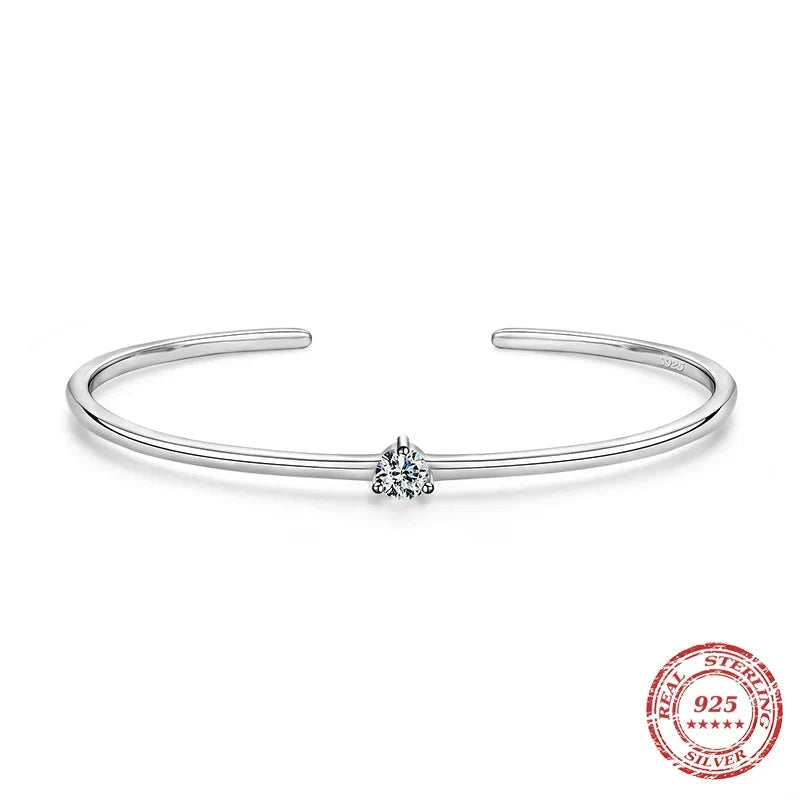 Exquisite 100% Real 925 Sterling Silver Round Clear Ten Heart CZ Open Bracelet - Adjustable Bangle for Women - A Luxurious Gift for Special Occasions