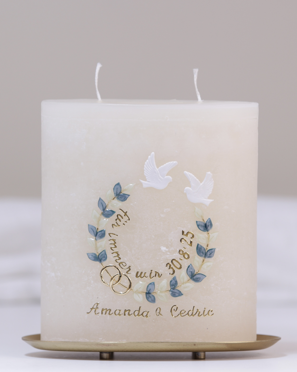 Hochzeitskerze „Amanda & Cedric“ creme – personalisiert mit Namen & Datum