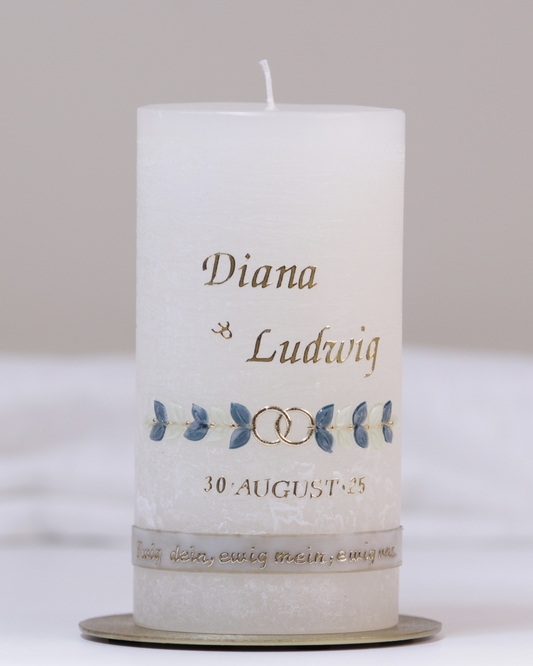 Hochzeitskerze „Diana & Ludwig“ elfenbein – personalisiert mit Namen & Datum
