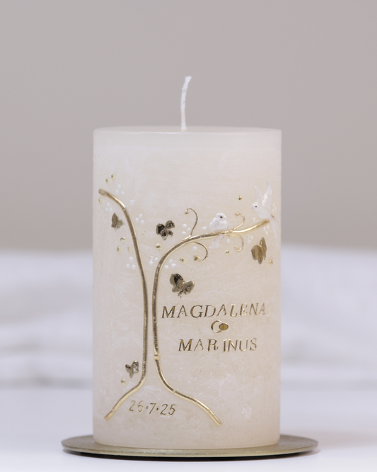 Hochzeitskerze „Magdalena & Marinus“ creme – personalisiert mit Namen & Datum