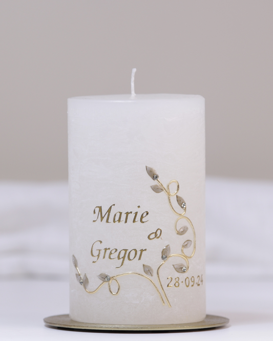 Hochzeitskerze „Marie & Gregor“ elfenbein – personalisiert mit Namen & Datum