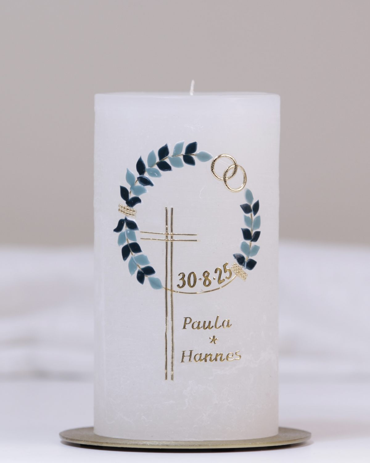 Hochzeitskerze „Paula & Hannes“ elfenbein – personalisiert mit Namen & Datum