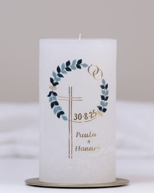 Hochzeitskerze „Paula & Hannes“ elfenbein – personalisiert mit Namen & Datum