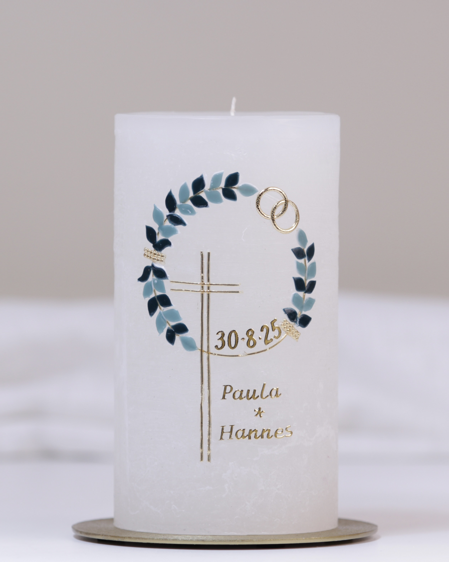 Hochzeitskerze „Paula & Hannes“ elfenbein – personalisiert mit Namen & Datum