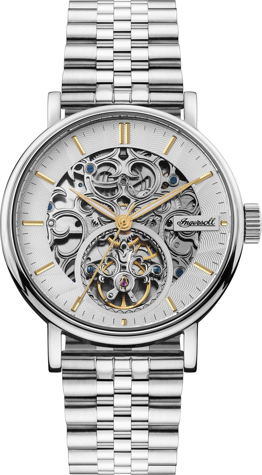 Ingersoll 1892 The Charles Her­ren-Au­to­ma­tik­uhr, 44 mm, mit silbernem Ske­lett­zif­fer­blatt und Edel­stahl­arm­band I05803B