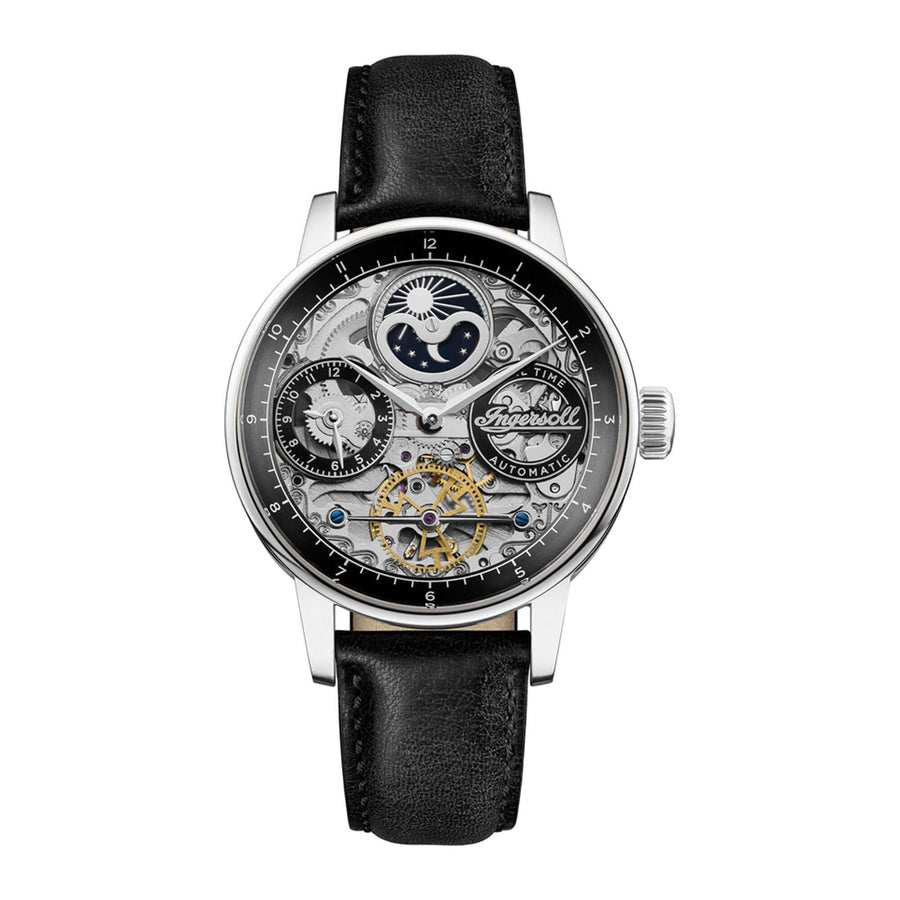 Ingersoll The Jazz 42 mm Au­to­ma­tik-Mond­pha­sen­uhr für Herren mit silbernem Ske­lett-Zif­fer­blatt und Schwarz Echt­le­der­arm­band I07701