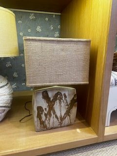 EHI - Object -Mid-Century Rectangle Pottery Lamp w/Burlap Shade-White/Brown
