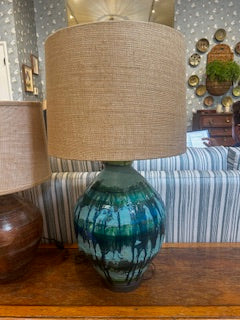 EHI - Object -Mid-Century Ceramic Lamp w/Burlap Lampshade-Blue and Green