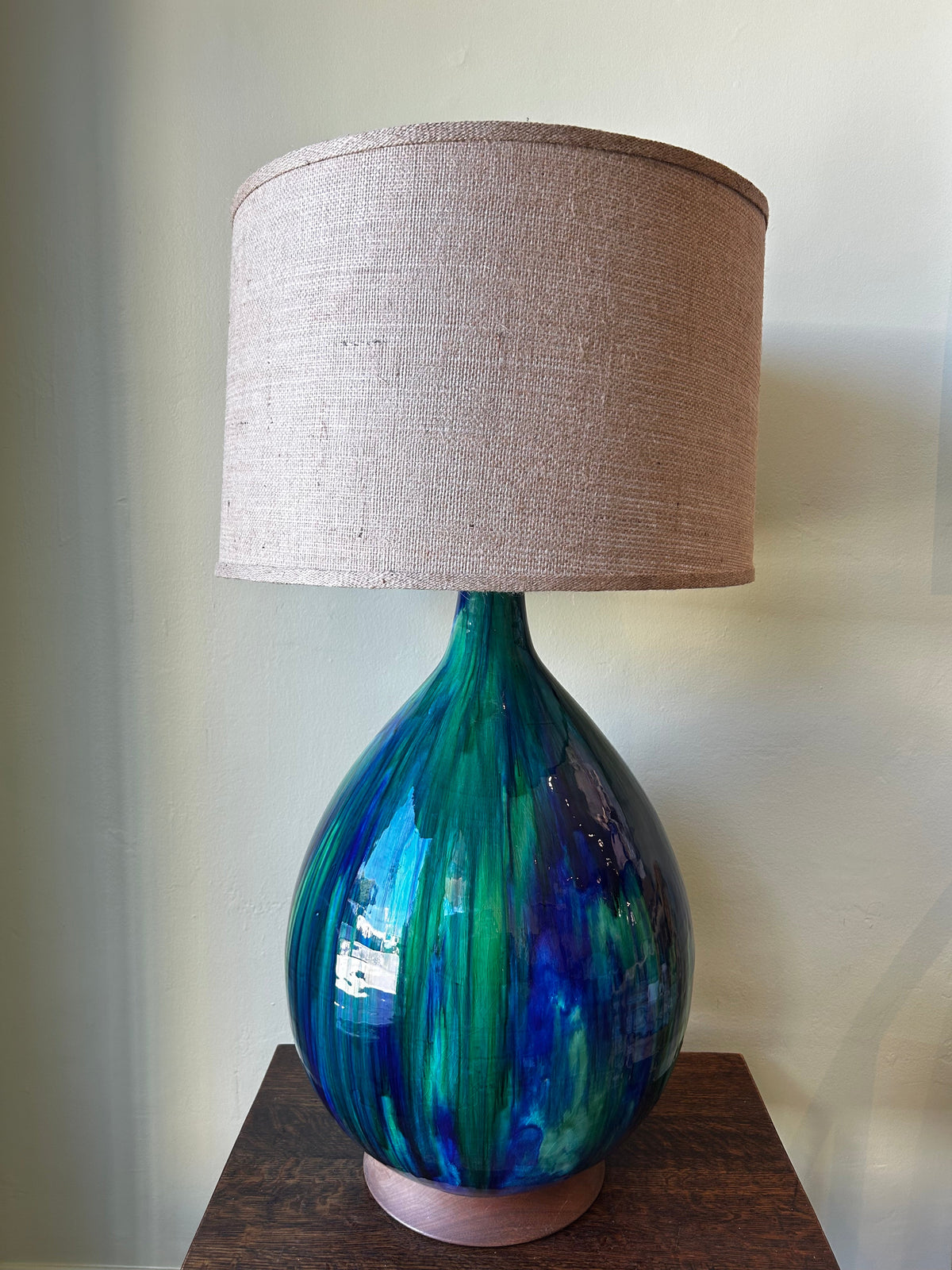 EHI - Object -Large Teardrop-Shaped Base Mid-Century Pottery Lamp-Blue/Green