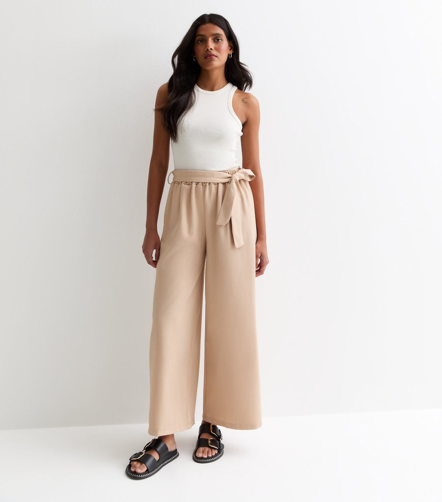 Camel Elasticated Wide Leg Tie detail Trousers
