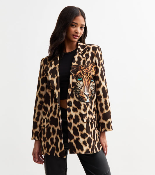 Brown Contrast Animal Edge to Edge Blazer