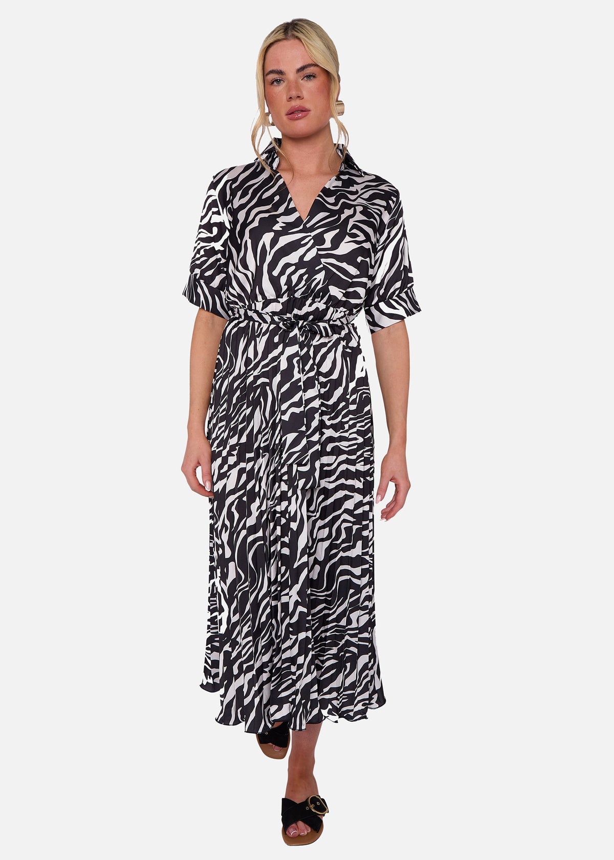 Black Zebra Pleated Belted Wrap Midi Dress - Black / S / 100% Polyester