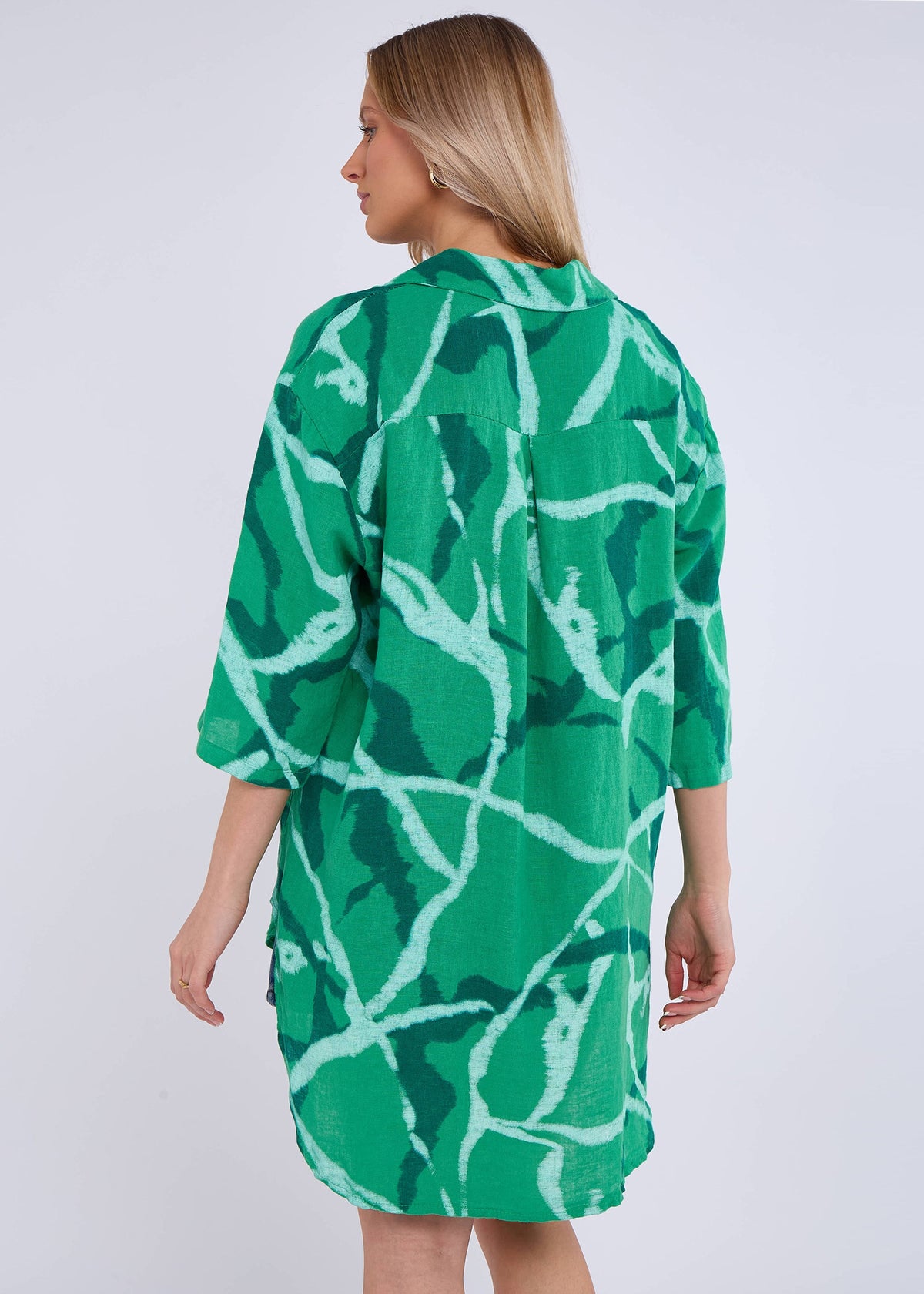 Green Linen Abstract Print Mini Shirt Dress - Green / S-M (UK 8-10/US 4-6/EU 36-38) / 100% Linen