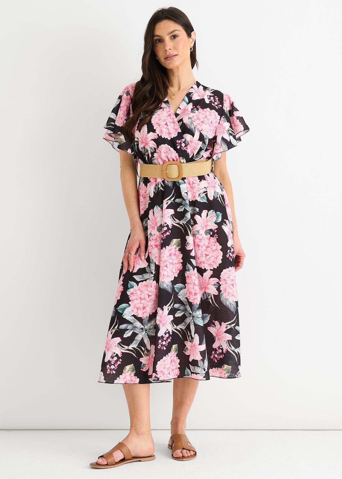 Black Floral Print Angel Sleeves Belted Wrap Midi Dress - S-M (UK 8-10/US 4-6/EU 36-38)