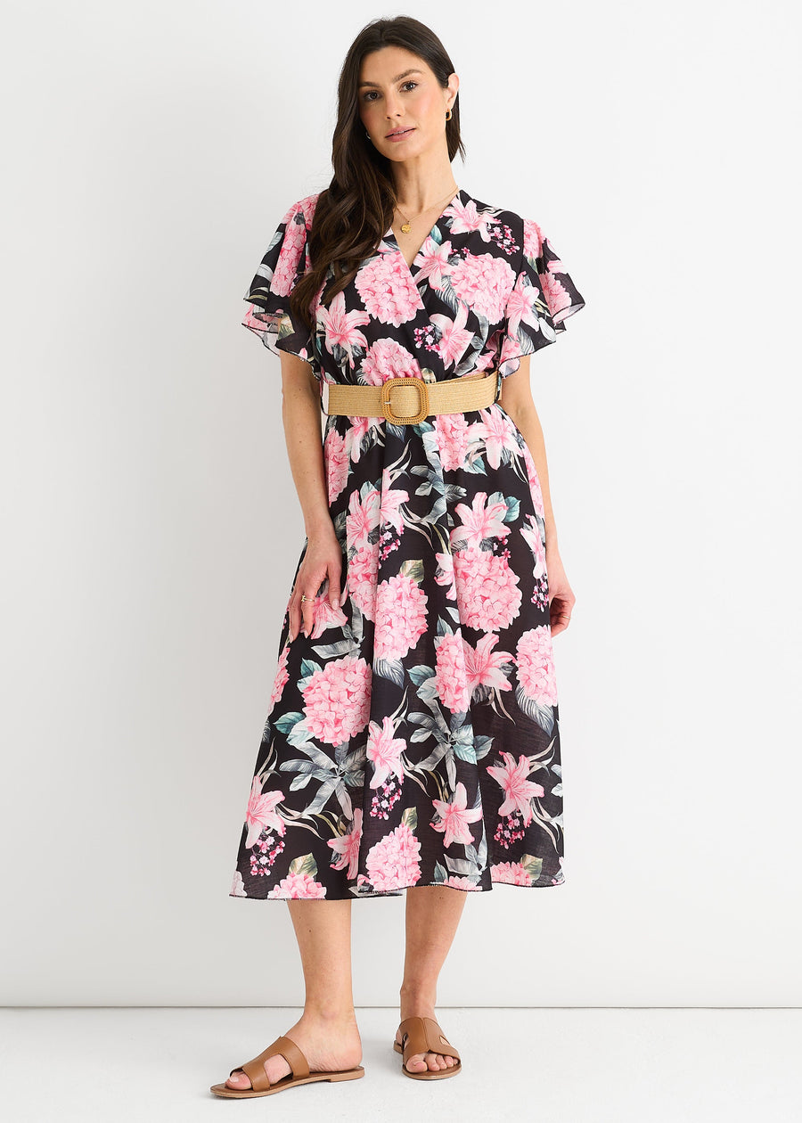 Black Floral Print Angel Sleeves Belted Wrap Midi Dress - S-M (UK 8-10/US 4-6/EU 36-38)
