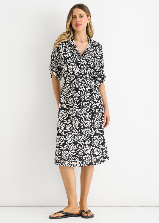 Black Button Through Belted Shirt Midi Dress - S-M (UK 8-10/US 4-6/EU 36-38)