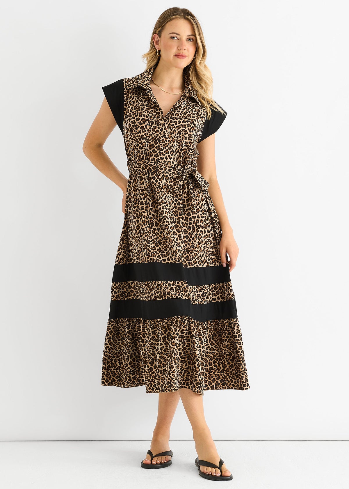 Brown Animal Contrast Panel Smock Midi Dress - S-M (UK 8-10/US 4-6/EU 36-38)