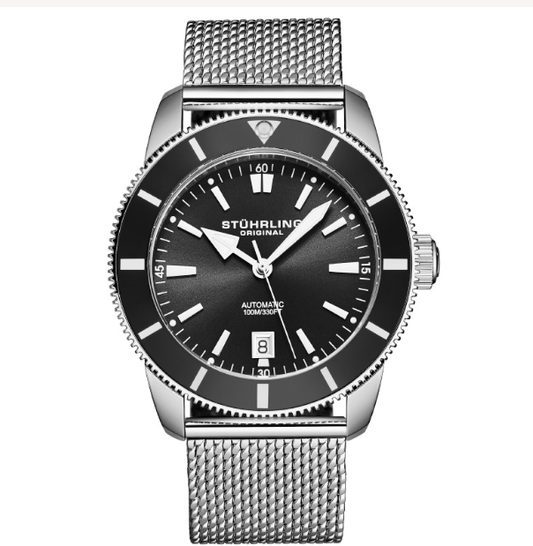 Stührling Marinier 4079 Aquadiver 42mm - Black Sunray Dial/Silver-Tone Markers and Hands/Stainless Steel Mesh Bracelet