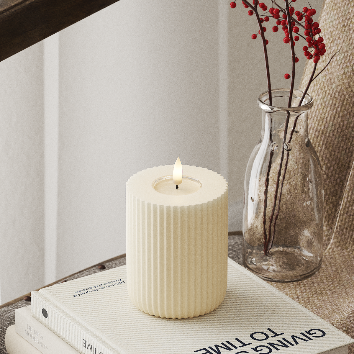 Solid Stripe LED-Blockkerzen Ø 8 x 10 cm, Creme