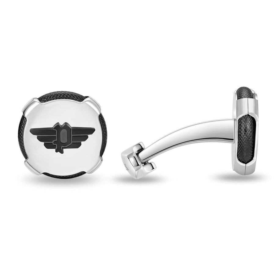 Police Herren Manschettenknöpfe Schwarz Silber Leder Metall Cufflinks Knöpfe Manschettenknöpfe Herren