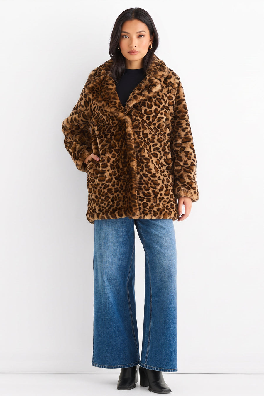 Brown Leopard Print Faux Fur Coat Jacket