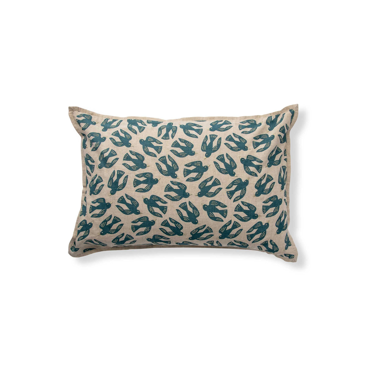 Birds Aqua Pillow - 16" x 24" / Teal Blue & Flax Linen