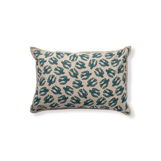 Birds Aqua Pillow - 16" x 24" / Teal Blue & Flax Linen