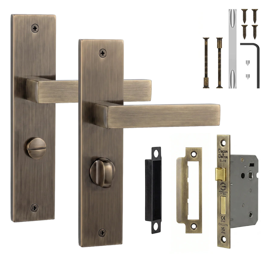 Lumina Antique Brass Bathroom Door Lever Handles on Backplate - Bathroom Kit 64mm