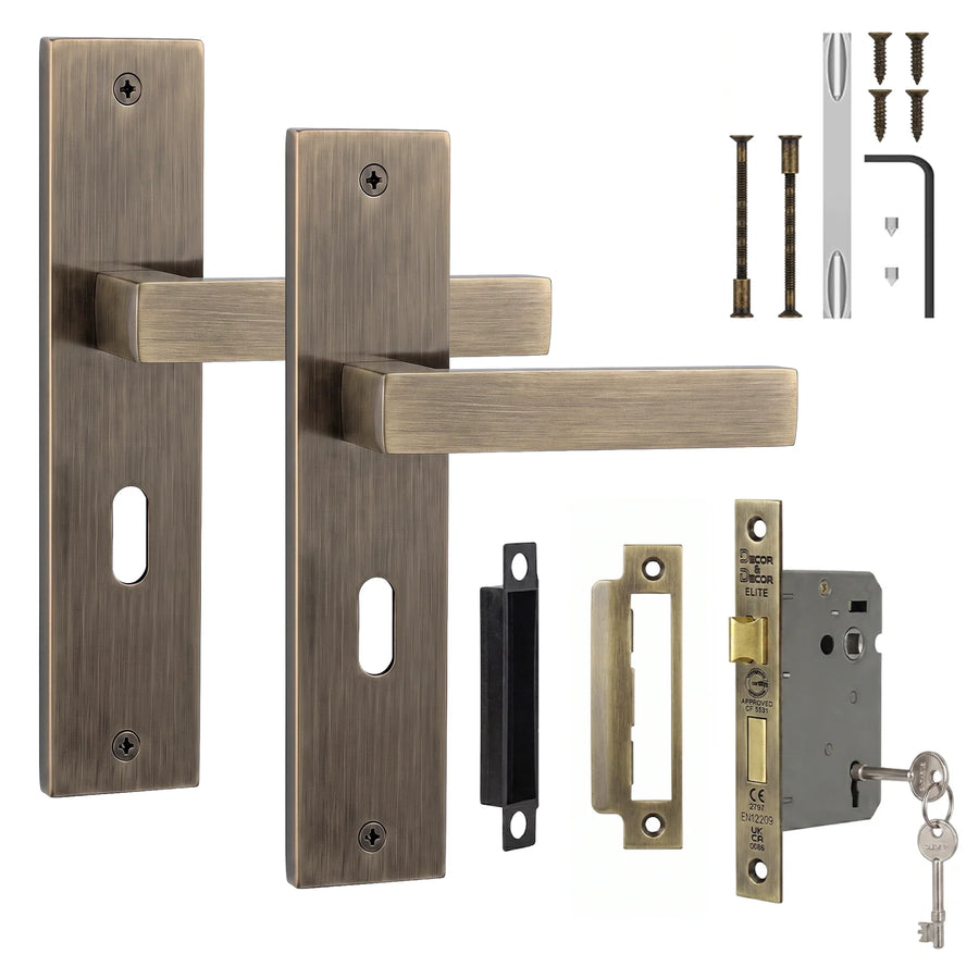 Lumina Antique Brass Privacy Door Lever Handles on Backplate - Sash Lock Kit 64mm