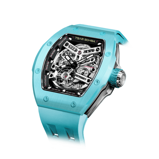 TSAR BOMBA Atomic Serie – Luxuriöse skelettierte Herren-Automatikuhr mit Wechselarmband. Hochleistungsfähiges mechanisches Meisterwerk Seeblau