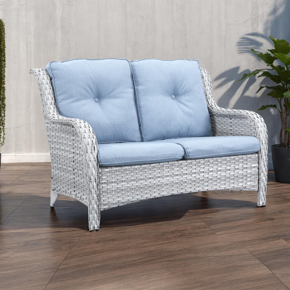 Outdoor Patio Furniture Wicker Loveseat Sofa, NTC Series - Light Grey Wicker / Baby Blue Cushion