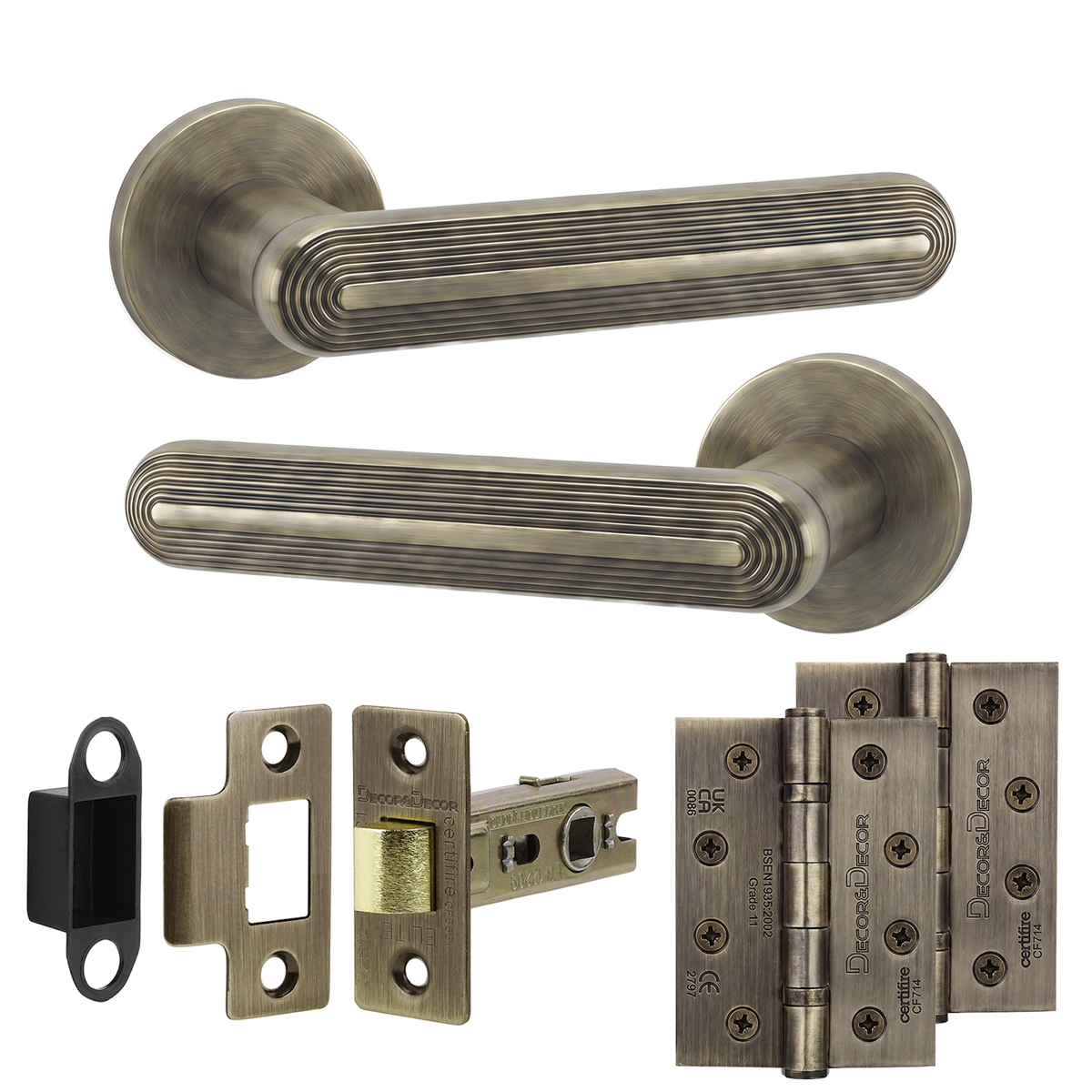 Marin Antique Brass Passage Door Lever Handles - Hinge Kit 102mm