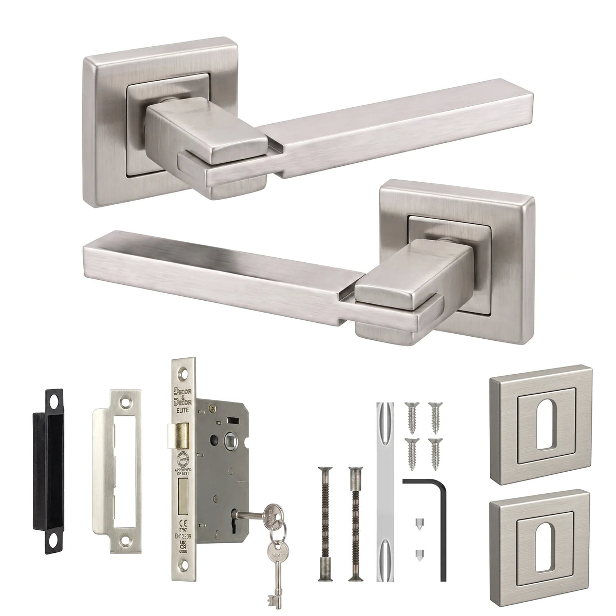 Nexus Satin Nickel Privacy Door Lever Handles - Sash Lock Kit 64mm