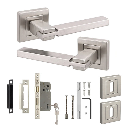 Nexus Satin Nickel Privacy Door Lever Handles - Sash Lock Kit 64mm