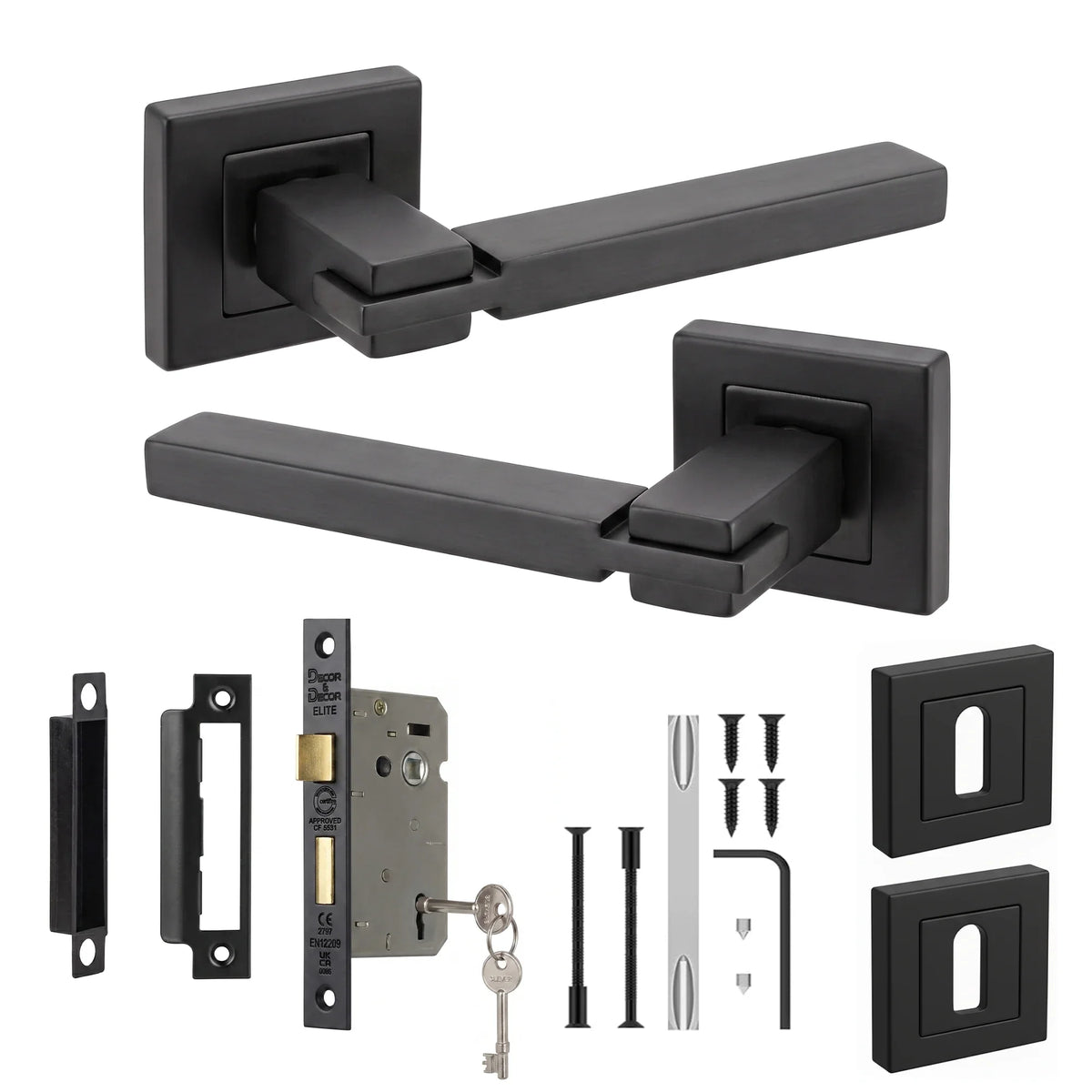 Nexus Matt Black Privacy Door Lever Handles - Sash Lock Kit 64mm