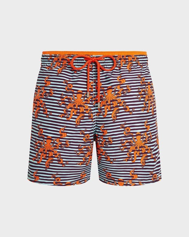 Vilebrequin - Men Bicolor Swim Shorts Octopus In Stripes - Swimwear - Moka - Blue - Size XXXL