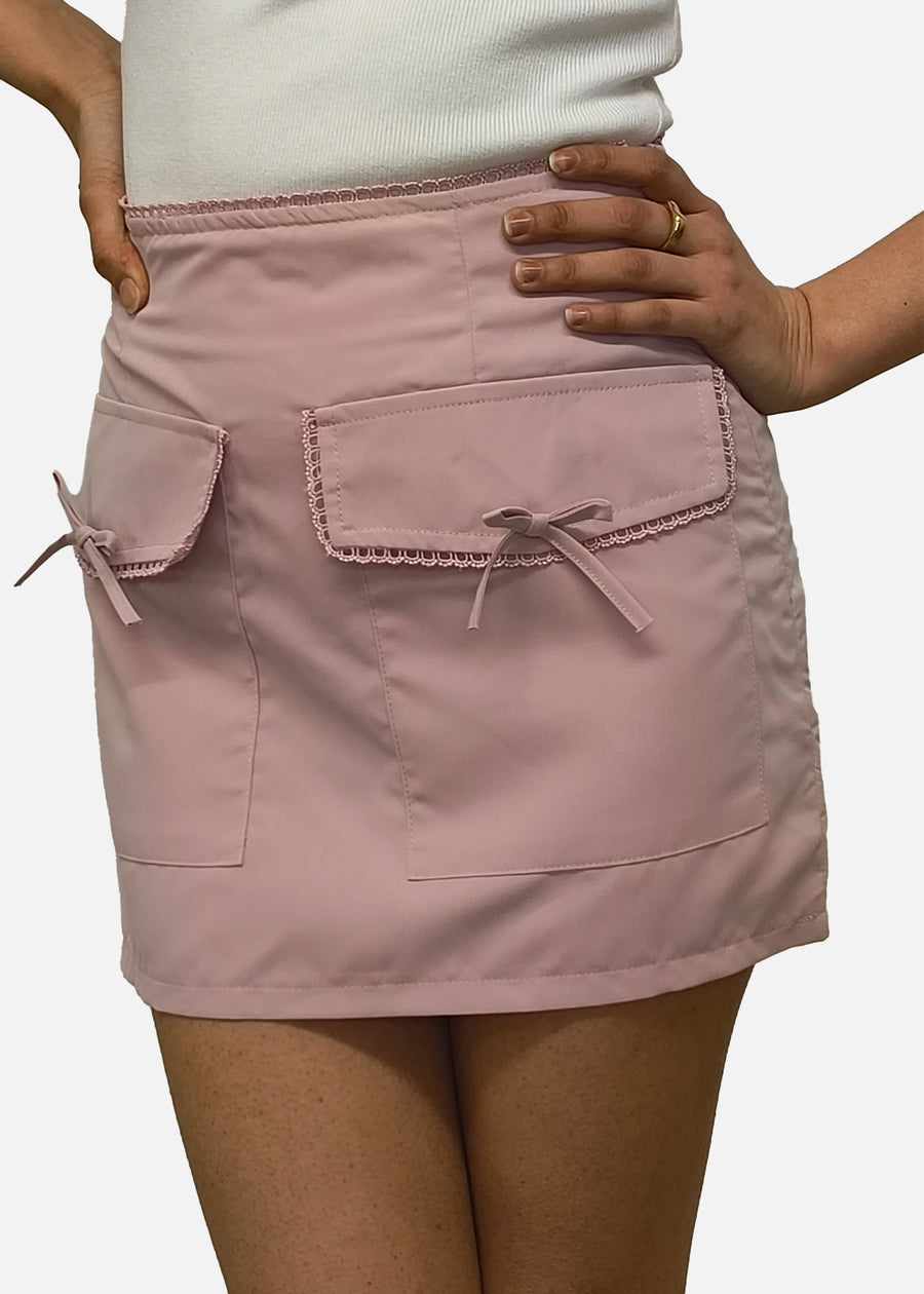 Rose Pink Bow  Pocket Detail Micro Mini Skirt - UK 6 / US 2 / EU 34