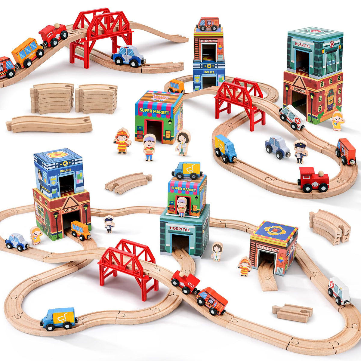 Wooden Train Tracks Car Toys Set for Toddlers | City Railway Adventure