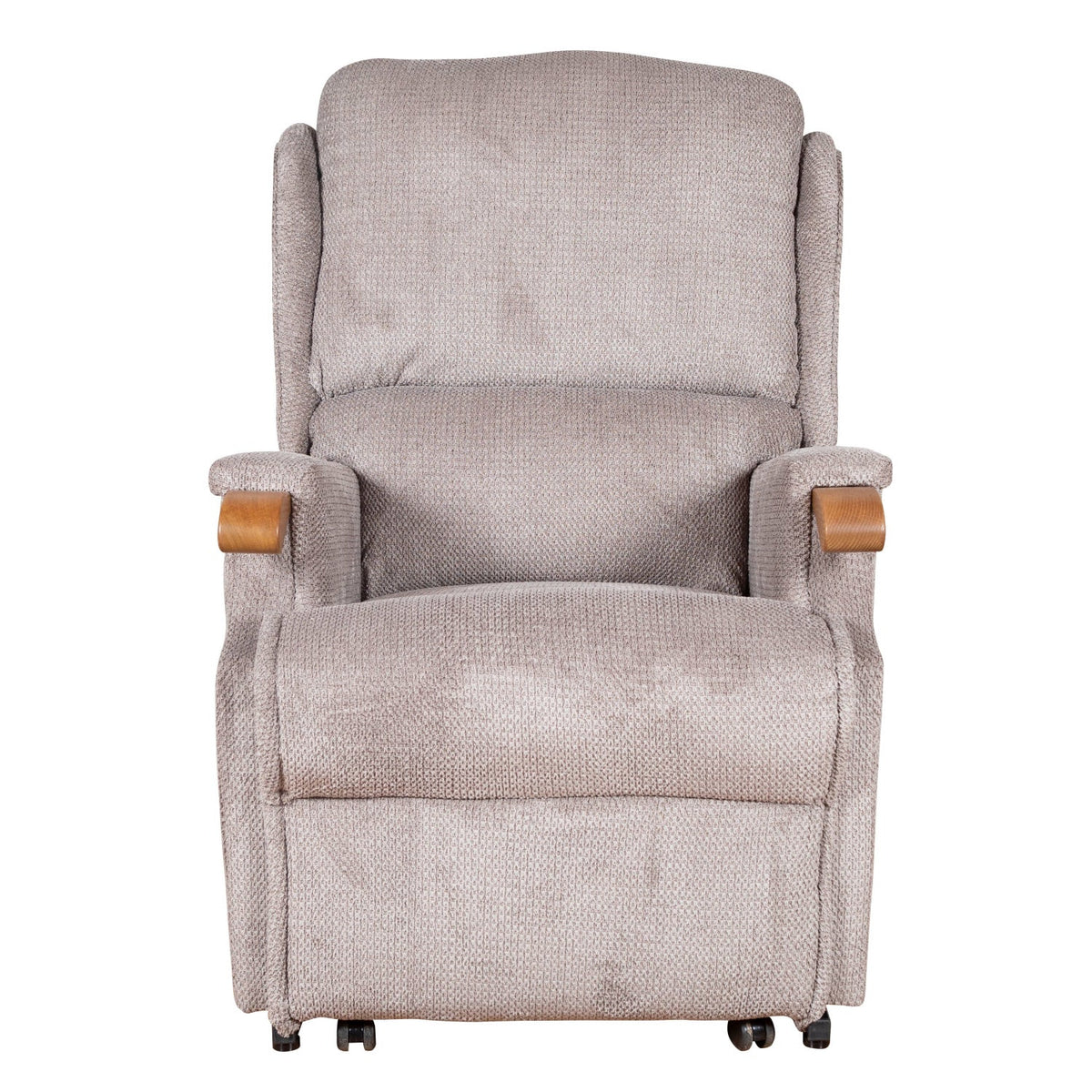 Malvern Rich Stone Fabric Riser Recliner - Choice Of Sizes & Trim - Gents Chair / Mid Oak