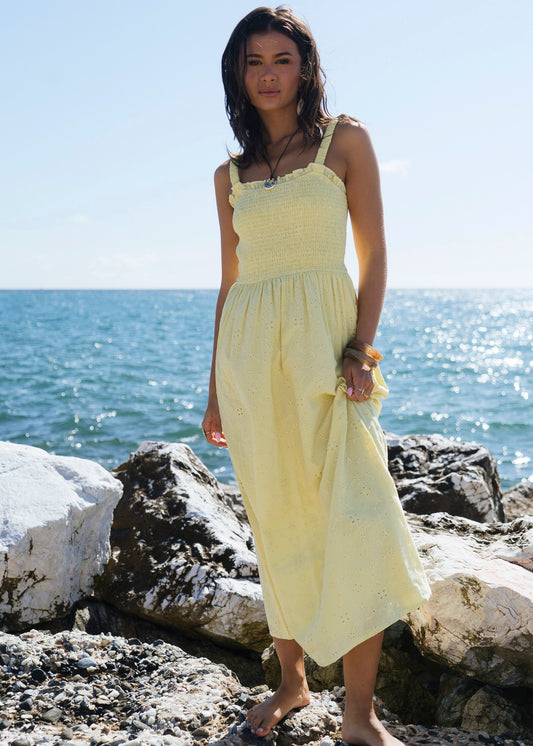 Yellow Embroidered Shirred Bodice Sun Dress