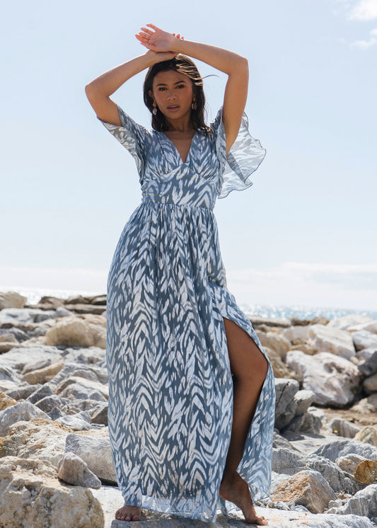 Blue Flowy Abstract Print Slit Maxi Dress