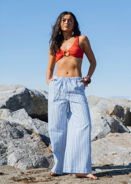 Blue Cotton and Linen Blend Stripe Trousers