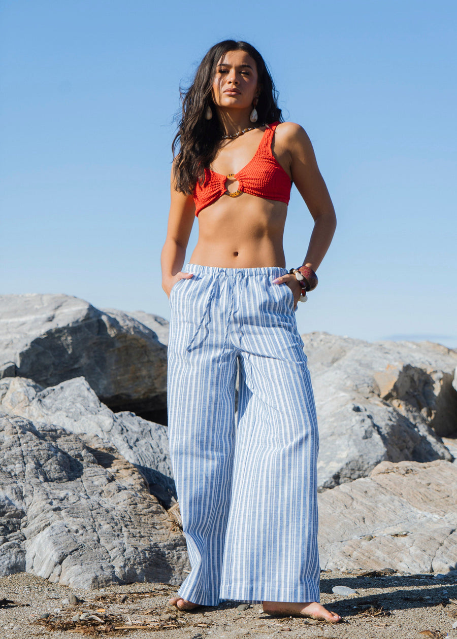 Blue Cotton and Linen Blend Stripe Trousers