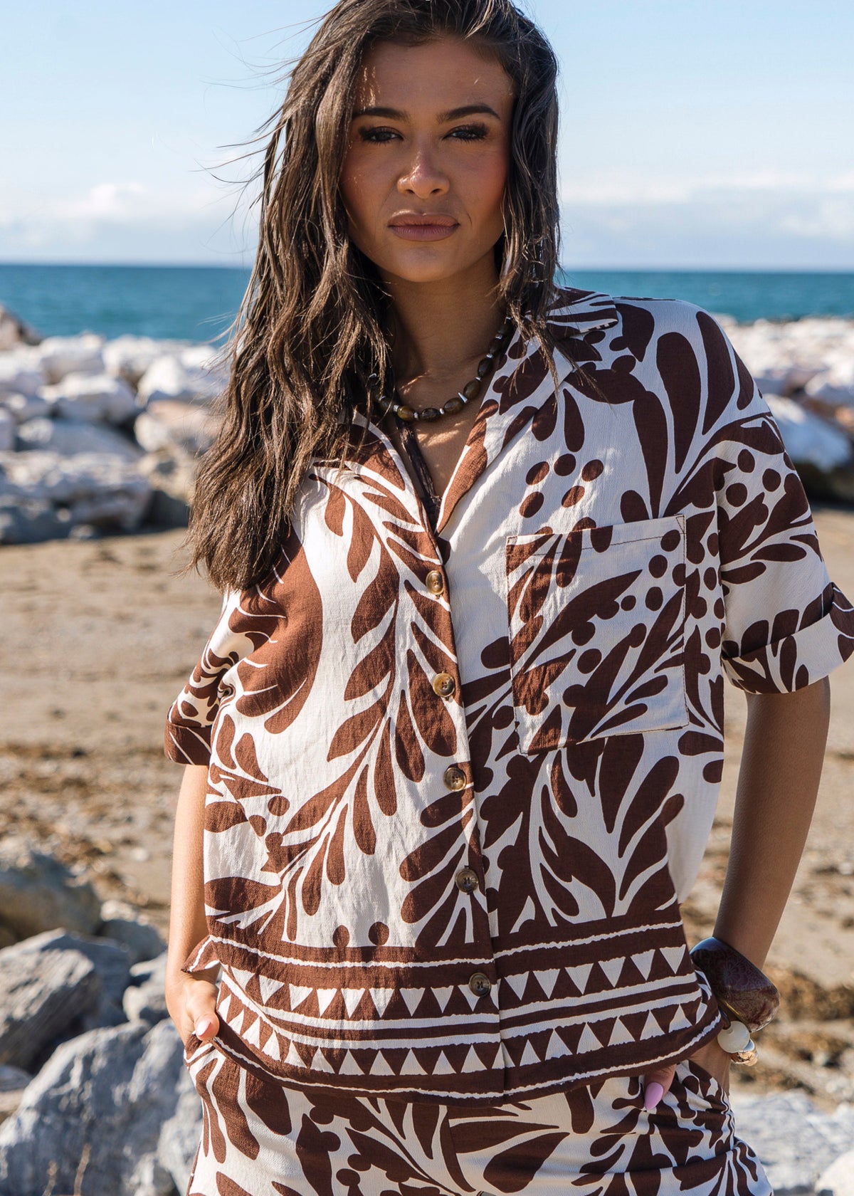 Chocolate Border Print Resort Shirt - UK 8 / US 4 / EU 36