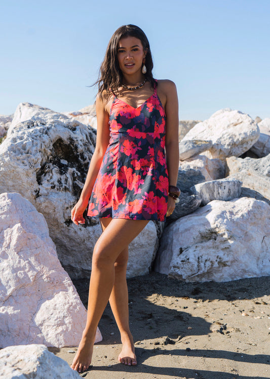 Red Floral Print Strappy Skirted Swimsuit - UK 8 / US 4 / EU 36