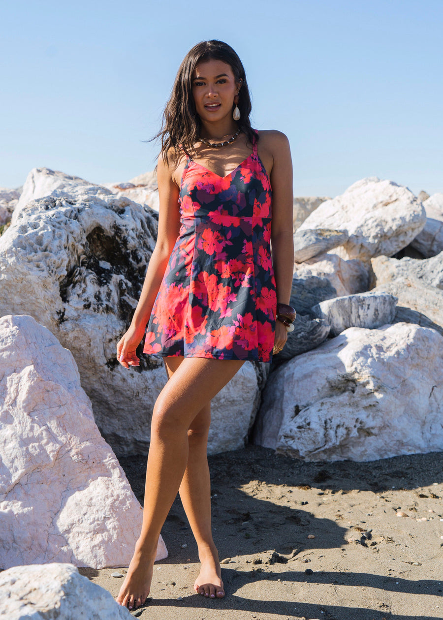 Red Floral Print Strappy Skirted Swimsuit - UK 8 / US 4 / EU 36