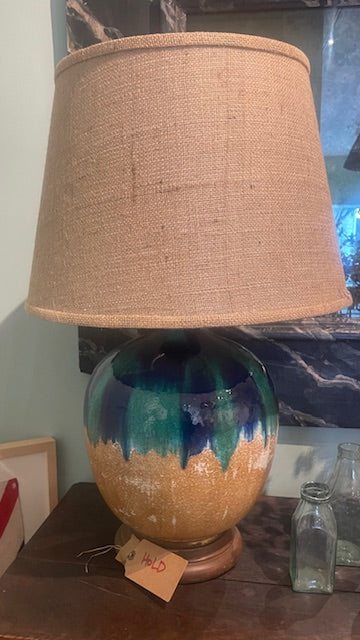 EHI - Object - Midcentury Blue and Green Glaze Lamp with Burlap Shade